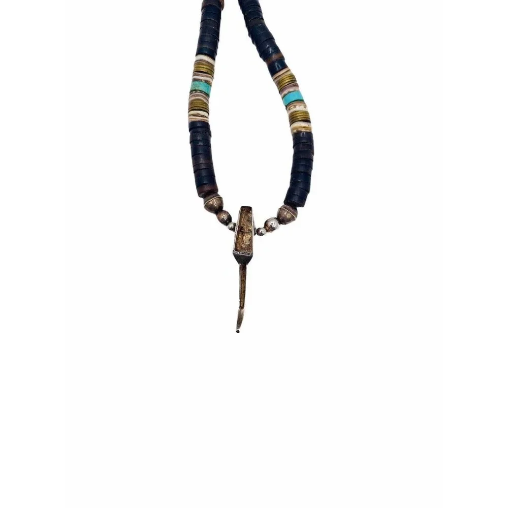 Vintage Navajo Handmade Silver Turquoise Pipestone Beaded Necklace Claw Pendant - Picture 7 of 13
